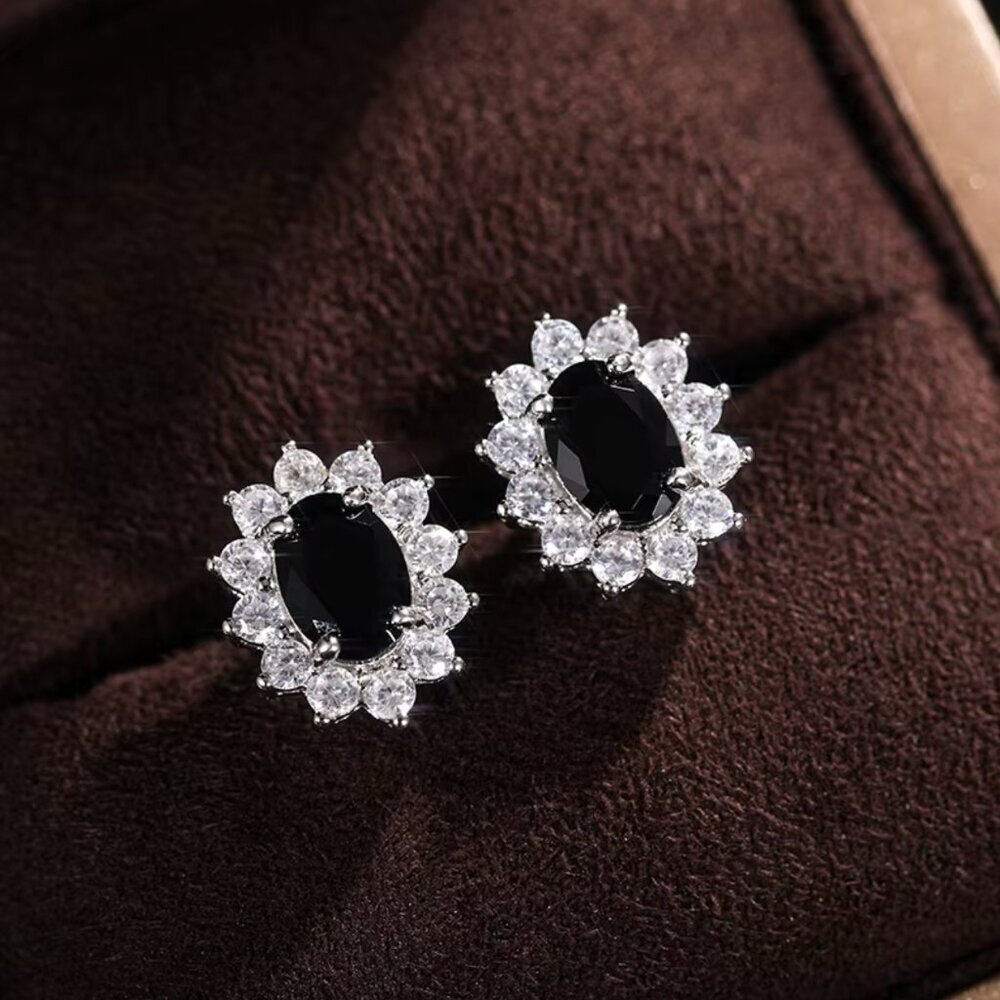 18k White Gold Black Sapphire Diamond Earrings Oval Cut Earrings